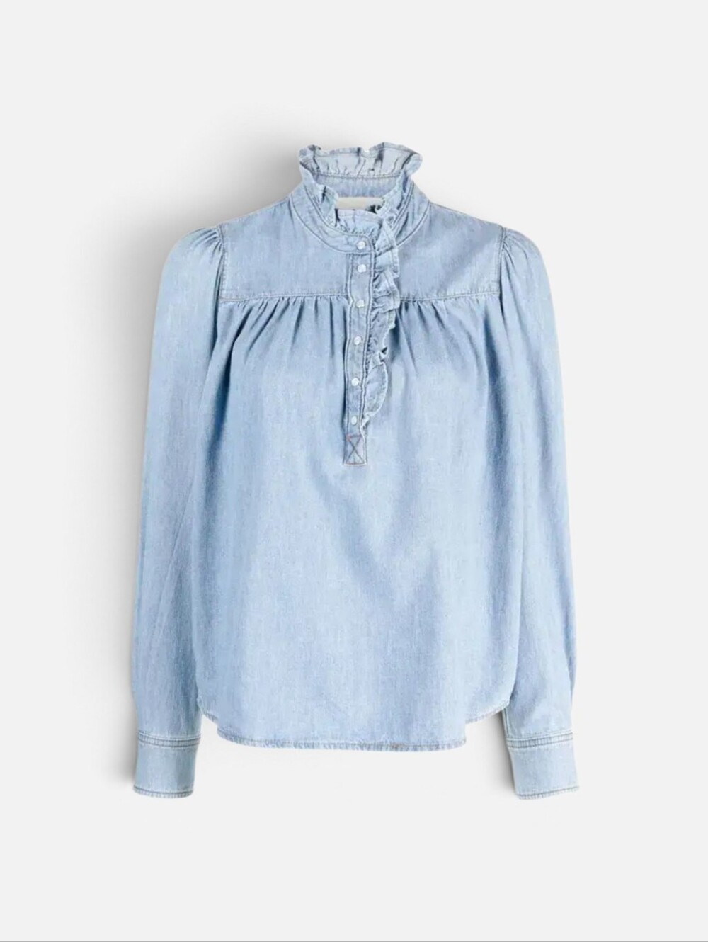 Ba&sh Denim Ruffle Collar Top Sz 2 Cottagecore Chambray Prairie Blouse Cotton